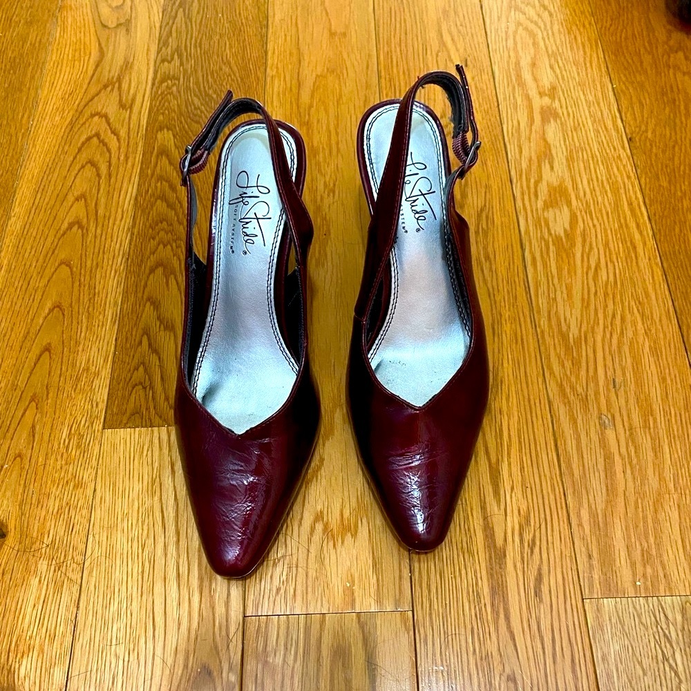 Burgundy, sling back with elastic, kitten heels
